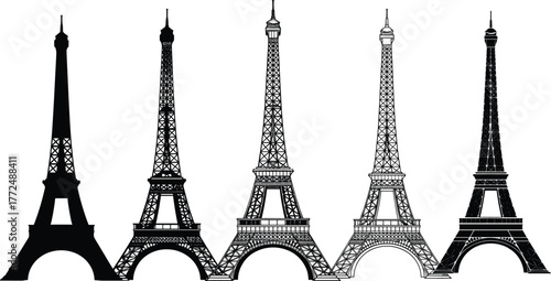Eiffel Tower silhouette vector, five stylized architectural variations, black and white Paris landmark design, isolated graphic for travel, decor, education, art