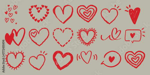 Collection of Red Hand-Drawn Heart Illustrations on a Neutral Background