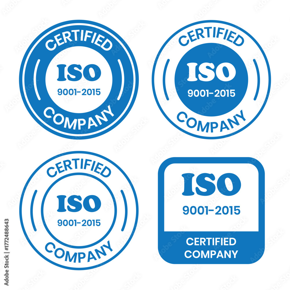 Obraz premium ISO 9001-2015 Certified Company Stamp. Quality Assurance and Compliance Certification Logo for Business and Manufacturing. ISO 9001-2015 Certified Company badge, flat vector, isolated illustration.