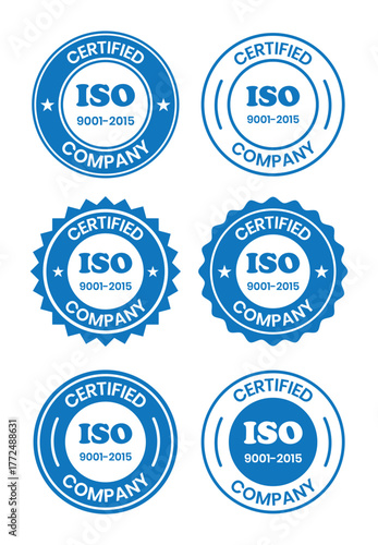 ISO 9001-2015 Certified Company Stamp. Quality Assurance and Compliance Certification Logo for Business and Manufacturing. ISO 9001-2015 Certified Company badge, flat vector, isolated illustration.