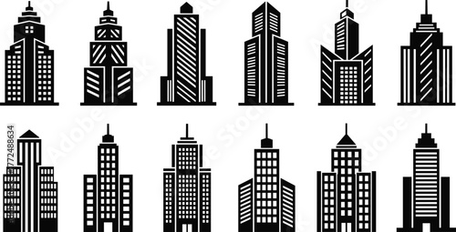 Stylized skyscraper silhouette vector, twelve high-rise building designs, black architectural shapes, modern urban tower icons, isolated graphic for decor, planning, editorial