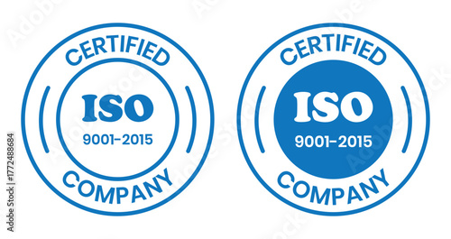 ISO 9001-2015 Certified Company Stamp. Quality Assurance and Compliance Certification Logo for Business and Manufacturing. ISO 9001-2015 Certified Company badge, flat vector, isolated illustration.