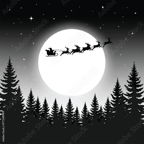 Silhouette of santa claus and reindeer flying across a large full moon over a dark forest at night