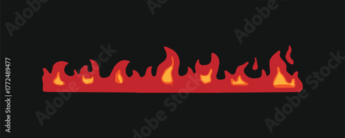 Horizontal continuous fire border graphic element on a dark background. Red and orange stylized flame divider for energy, warning, or hot sale promotions