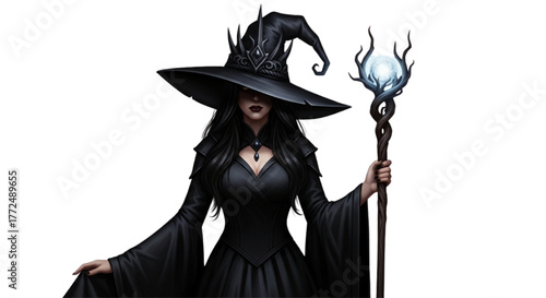 Dark Fantasy Witch or Sorceress Holding Magic Staff