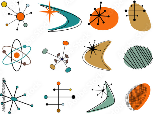 Mid Century Geometric Shapes Vector Bundle Atomic Age Design Elements Retro Clip Art MCM Icons