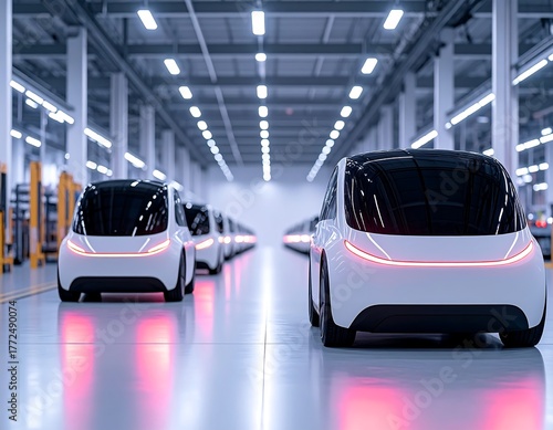 Modern white cars line up in a well-lit factory setting, reflecting light