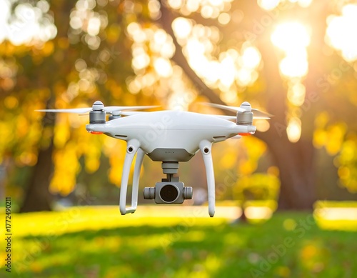 Modern white drone in flight with a bokeh background of trees and sunlight