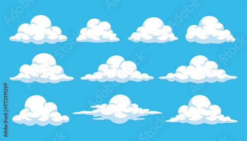 Cartoon Cloud Collection Diverse Shapes on Blue Sky for Design Assets