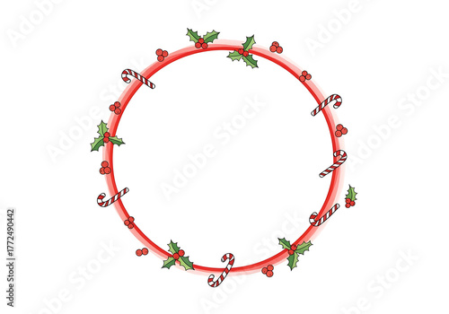 Festive candy cane border with holly berries forming a circular frame for holidays