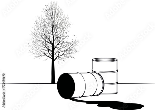 A sick tree is depicted near a chemical pollution leak in a modern line icon illustration