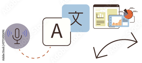 Microphone, language icons, charts, and arrows illustrating voice recognition, translation, and analytics. Ideal for communication, education, research globalization data processing artificial