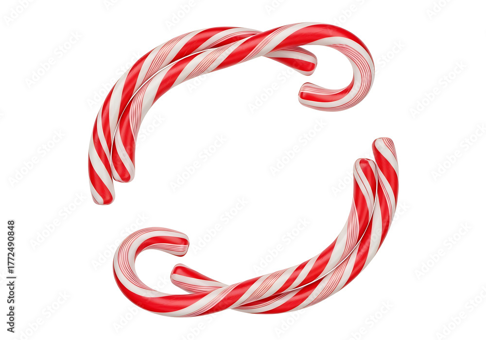 Fototapeta premium Festive red and white striped candy canes curved into a decorative christmas border pattern