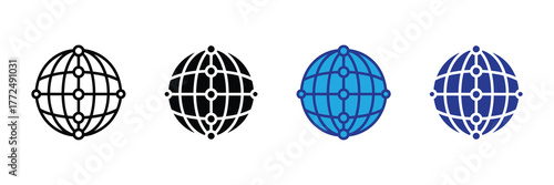 Set of four globe icons representing network, connection, and global communication, including outline, solid black, blue, and dark blue versions isolated on white background