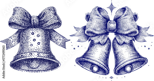 The picture shows a solitary blue bell with a bow on a clean white background