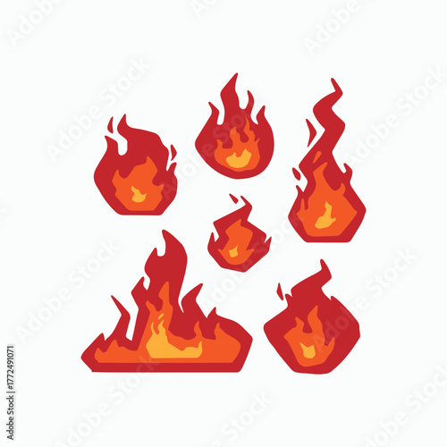 Set of various stylized fire and flame icons in warm colors. Flat vector illustration for heat, energy, danger, animation, and game assets
