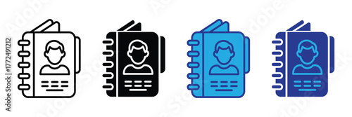Collection of four address book icons in different styles, including outline, solid black, and two shades of blue, representing contact information and personal data management