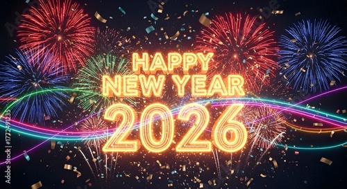 Happy new year 2026 text with vibrant fireworks and neon lights, celebrating the arrival of the new year with a bang