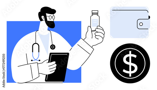 Doctor with stethoscope and tablet holding medicine. Wallet and dollar sign nearby. Ideal for healthcare costs, budgeting, access to medicine, insurance, financial planning, medical economics, simple
