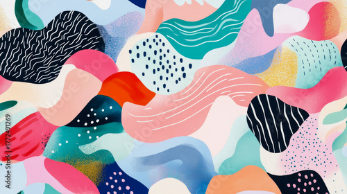 Whimsical Abstract Seamless Pattern Adorned with Free-Flowing Organic Shapes, Detailed Geometric Dot and Wavy Line Textures, Presented in Vibrant and Harmonious Contemporary Color Scheme