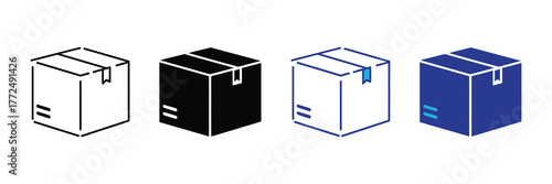 Four different isometric icons of a cardboard box, including outline, solid black, white with blue accent, and solid blue, isolated on white background