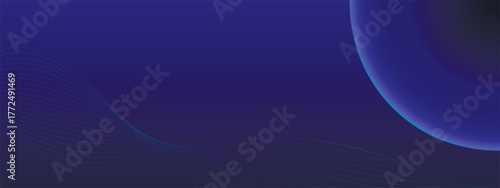 Technological background with light sphere and light waves. Movement of neuron particles in space. Abstract blue horizontal banner with glowing elements, vector graphic