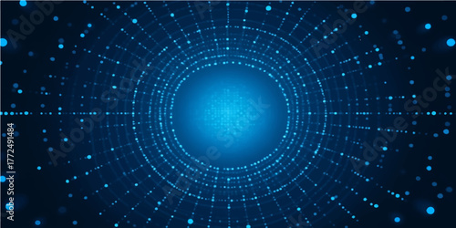 Binary code tunnel design with glowing blue and green digital fractal technology background