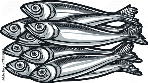 Black And White Illustration Of Salmon Leading School Of Fish Swimming Upstream’ is rephrased as ‘Black And White Art Featuring A Salmon Leading The Way For A School Of Fish Swimming Upstream Through
