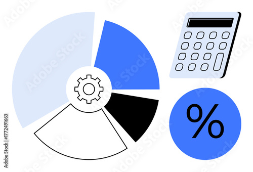 Pie chart with gear detail, calculator, and percentage sign representing financial calculation and data analysis. Ideal for finance, accounting, statistics, business, investment, economy education