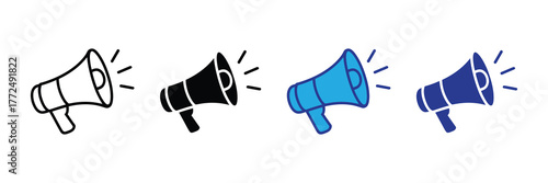 Collection of four megaphone icons in different styles outline, silhouette, blue filled, and dark blue filled, isolated on white background