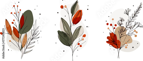 Decorative floral branches are depicted in a stylized botanical illustration complete with leaves, berries, and flowers