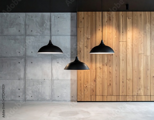 Modern interior featuring pendant lights, concrete, and wooden wall