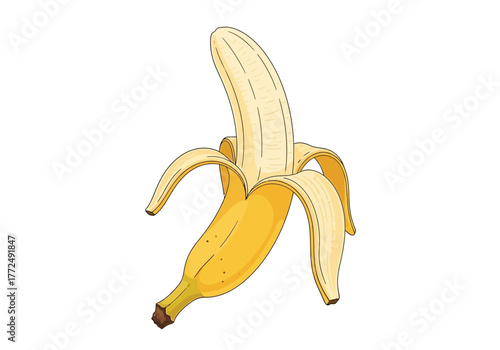 Cartoon Style Peeled Banana with Brown Spots and Dark Tip.