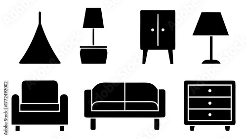Black and white furniture icons depicting a living room and bedroom set up