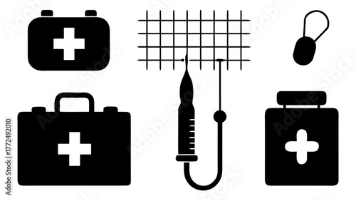 Medical equipment icons including first aid kits and a syringe on white background