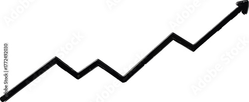 The concept of business growth, financial increase, and economic progress is represented by a minimalist black zigzag arrow that points upward and to the right on a clean white background