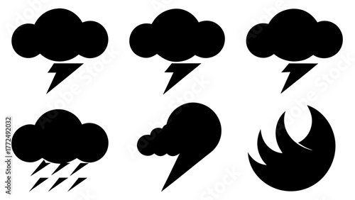 Weather icons showing storm clouds rain and lightning in a simple black style