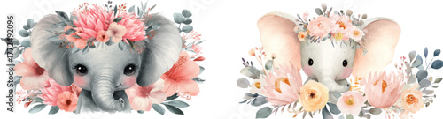 A soft pastel-toned illustration of an elephant in watercolor, adorned with flowers, is ideal for decorating a nursery, creating greeting cards, or designing fanciful children's artwork, and is