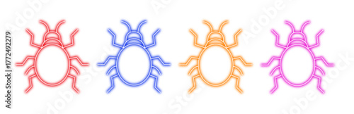 Four colorful neon bug outlines in red, blue, orange, and pink, isolated on a, representing different types of insects or digital glitches