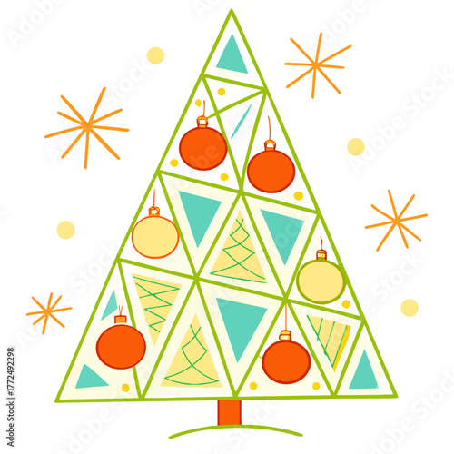 Minimalist flat design Christmas tree with geometric elements and colorful ornaments, modern holiday illustration