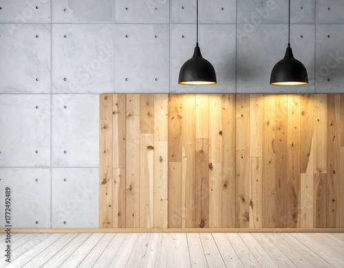 Modern interior featuring wood and concrete textures with hanging lights