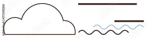 Cloud outline with straight and wavy lines representing wind and water. Ideal for weather forecast, nature, calm, abstract design, air, fluid dynamics, climate visuals. Simple flat metaphor