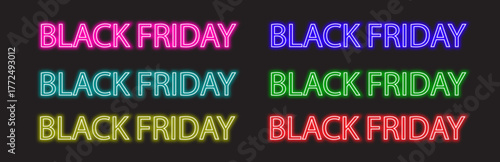 Black friday sale text in multiple neon colors including pink, blue, teal, green, yellow, and red, glowing against a dark background, advertising a shopping event