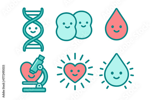 Cute science and medical symbols including DNA, cells, blood, heart, and microscope
