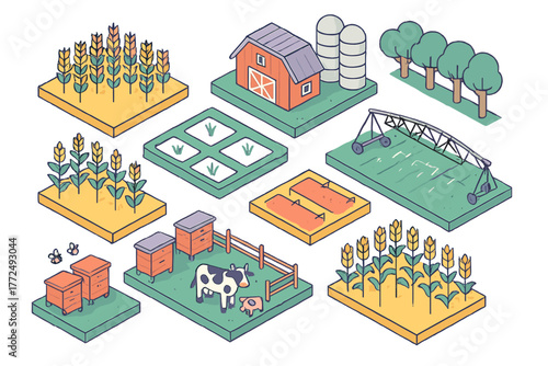 Isometric set of farming elements including barn silos fields crops livestock and agricultural equipment
