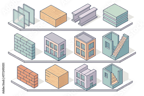 Isometric architectural components set featuring glass, wood, steel, brick, and building cross sections
