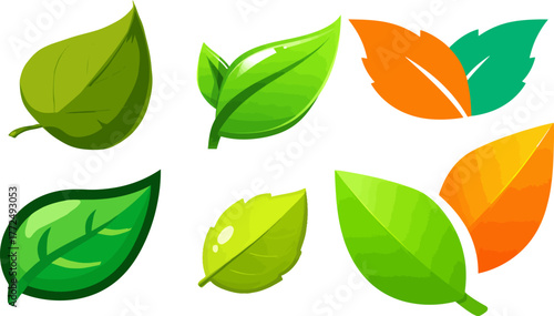A stylized illustration of a botanical nature depicting one branch with leaves that are bicolored in various shades of green and orange