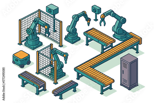 Isometric set of industrial robotic arms, automated conveyor belts, and factory machinery components