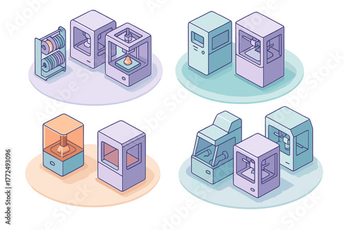 Isometric 3D printing machines and filament storage racks in pastel colors