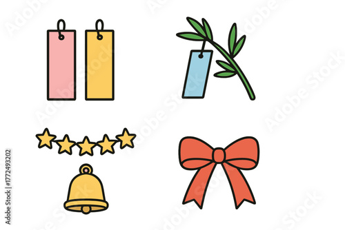 Colorful graphic elements set featuring price tags, rating stars, festive bow, bell, and bamboo decoration